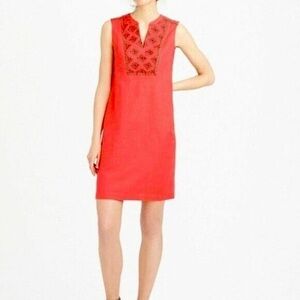 J. Crew Womens Sz XS Coral Sunburst Embroidered Linen Shift Dress Sleeveless